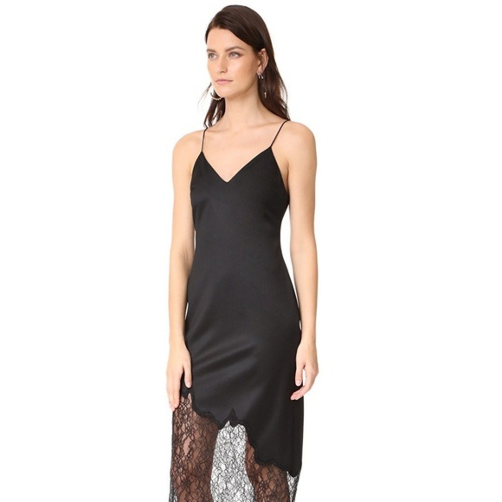 Alice + Olivia black spaghetti strap dress w/ asymmetrical lace hem